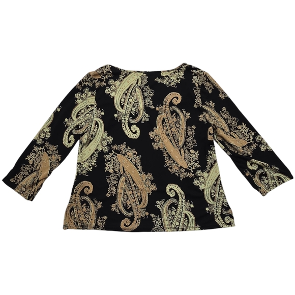 Black Pursuits Ltd Blouse Top Large Pale Yellow Cream Tan Paisley L 3/4 Sleeves - Picture 8 of 10